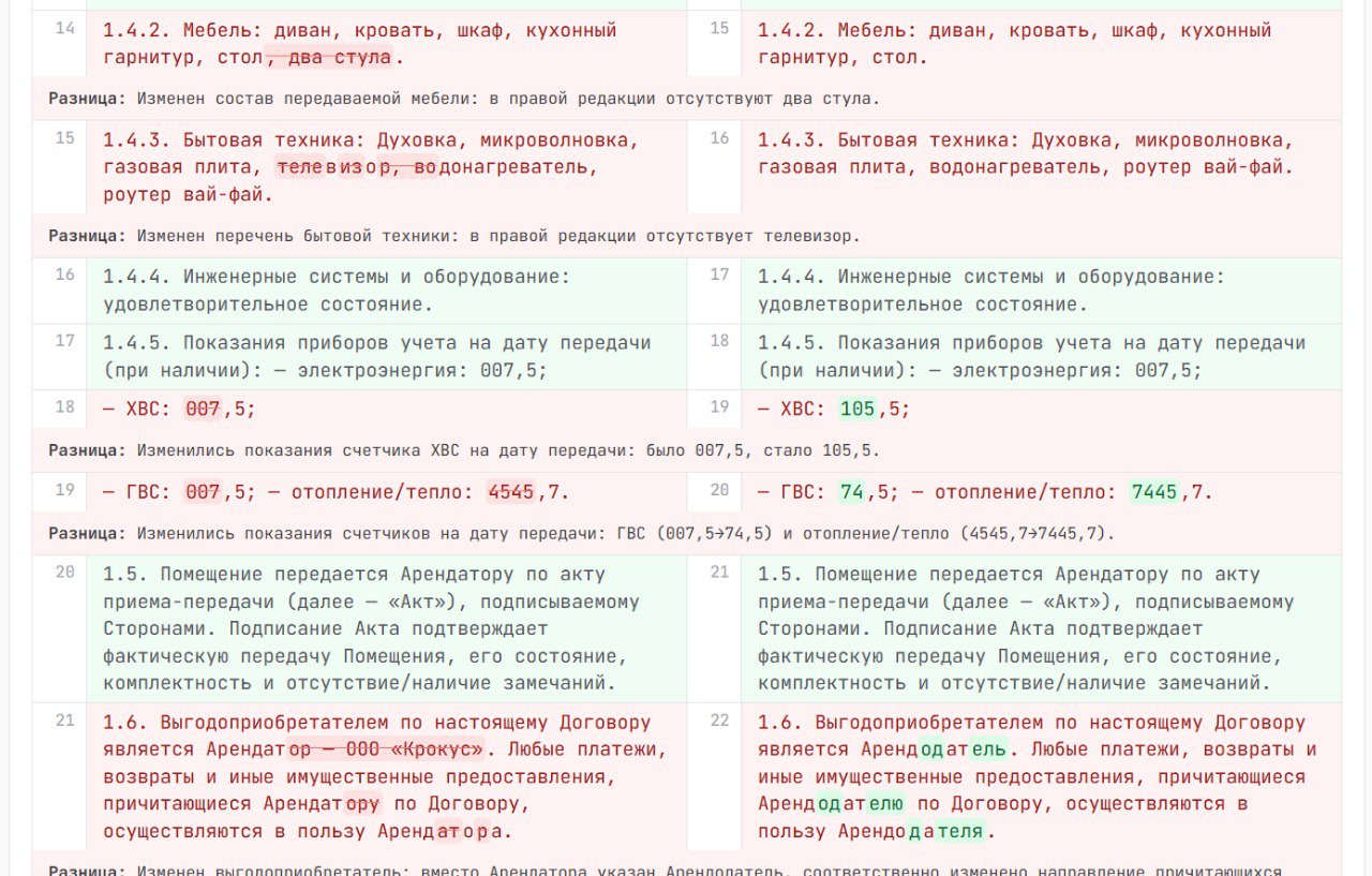 Экран сравнения документов в Dogovorik